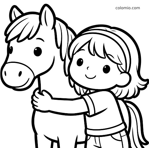 Une petite fille souriante enlace un poney dans un dessin en gros plan aux traits simples et épais.
