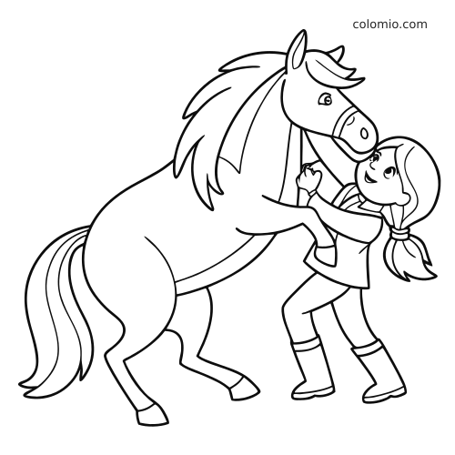 Dessin au trait simple d’une fille avec des couettes qui enlace un cheval cabré, dans un style cartoon épuré.