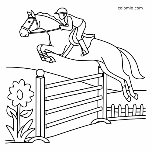 Dessin au trait simple d’un cavalier sur un cheval sautant un obstacle, avec une fleur et une petite barrière en arrière-plan.