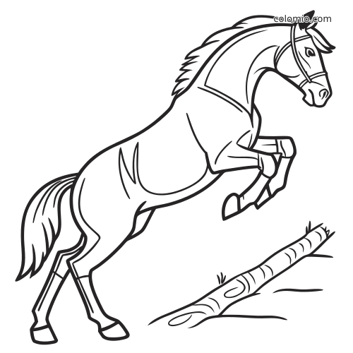 Dessin au trait simple d’un cheval seul en train de sauter par-dessus un tronc, sans cavalier.