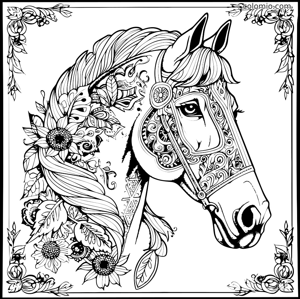 A detailed coloring page featuring a horse's head adorned with flowers and decorative patterns.