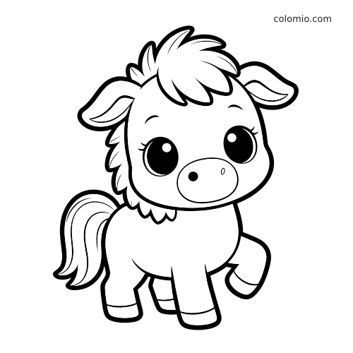 Un cheval kawaii aux très grands yeux, avec une crinière touffue et une patte avant levée, en dessin noir et blanc.