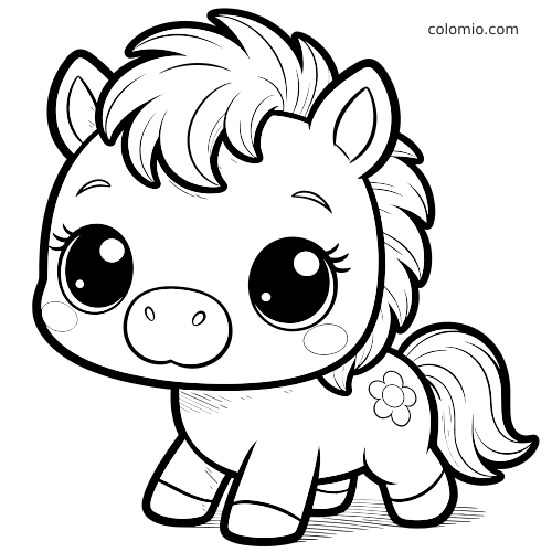 Un poney kawaii aux grands yeux, avec une crinière touffue et une fleur sur le flanc, dessiné en style cartoon simple.