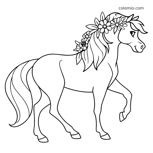 Un cheval vu de profil, en posture cabrée avec une patte avant levée, porte de grandes fleurs tressées dans sa crinière.