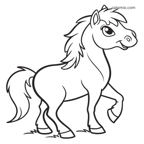 Un poney Shetland de style dessin animé, avec une crinière et une queue épaisses, trotte avec une patte avant levée.
