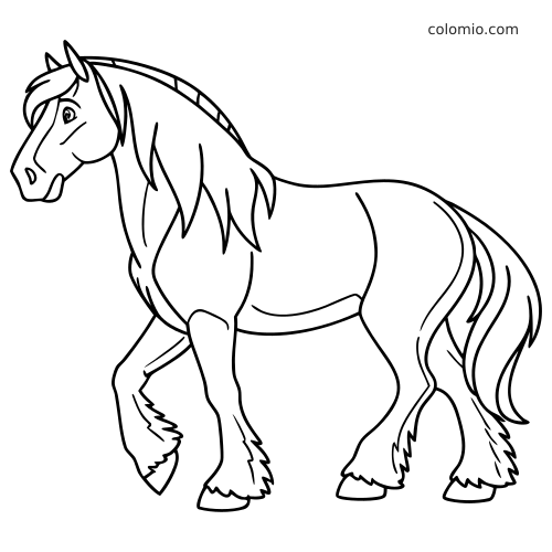Contour simple d’un cheval de trait Shire vu de profil, avec longue crinière, queue fournie et fanons aux jambes.
