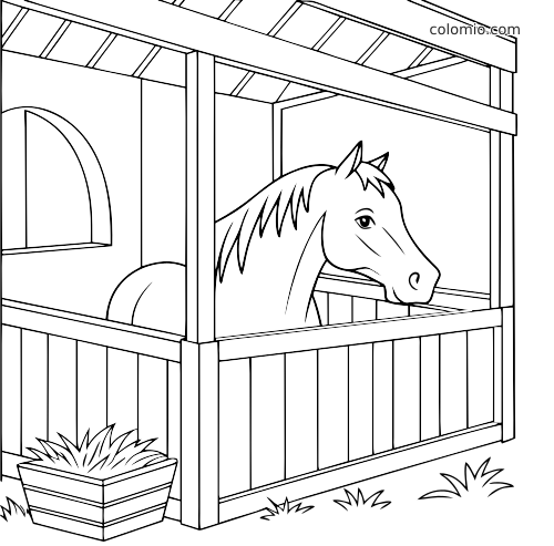 Dessin au trait simple d’un cheval dans un box d’écurie, avec un bac à foin au premier plan et quelques touffes d’herbe.