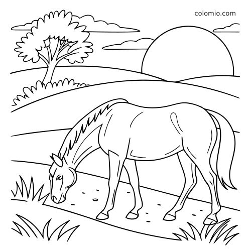 Dessin au trait simple d’un cheval qui broute dans un pré au coucher du soleil, avec collines, arbre, nuages et herbe.
