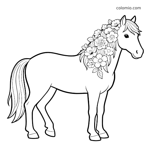 Un cheval vu de profil, debout calmement, avec une crinière ornée d’un dense bouquet de fleurs et de feuilles.