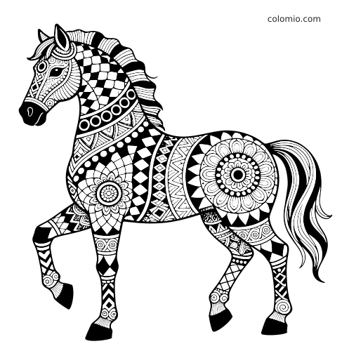 Cheval en noir et blanc vu de profil, rempli de motifs zentangle détaillés, mandalas et formes géométriques.