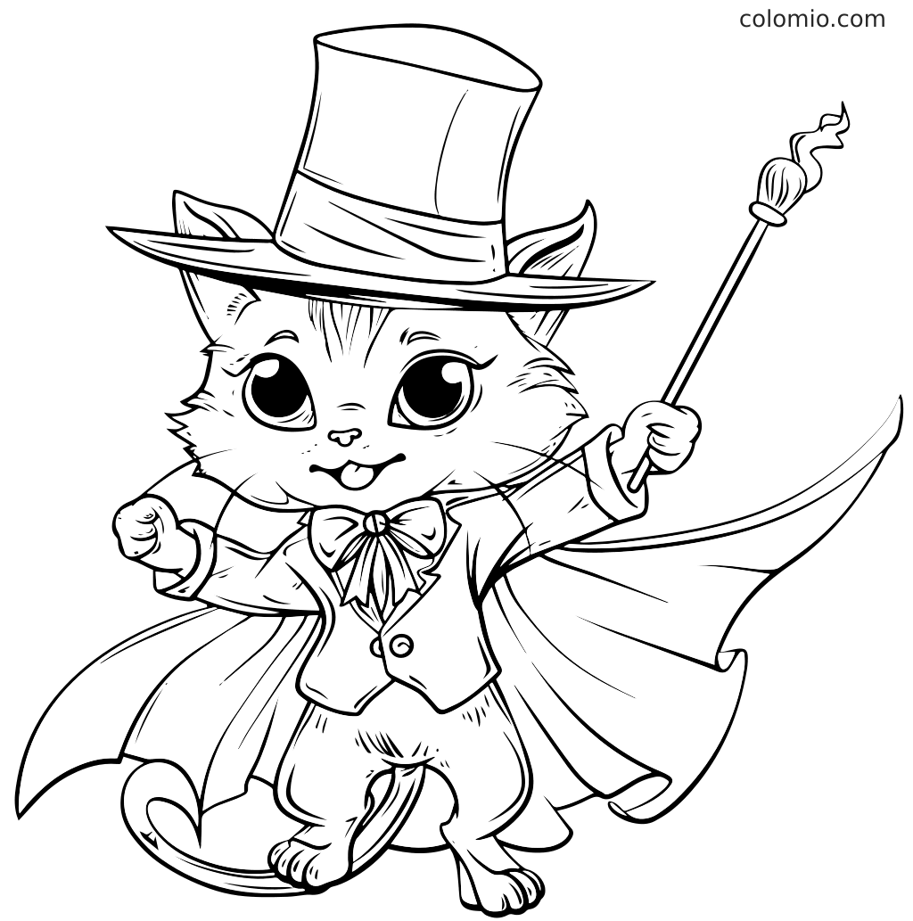 Um gato fofo usando uma cartola e capa, segurando uma varinha mágica, pronto para colorir.
