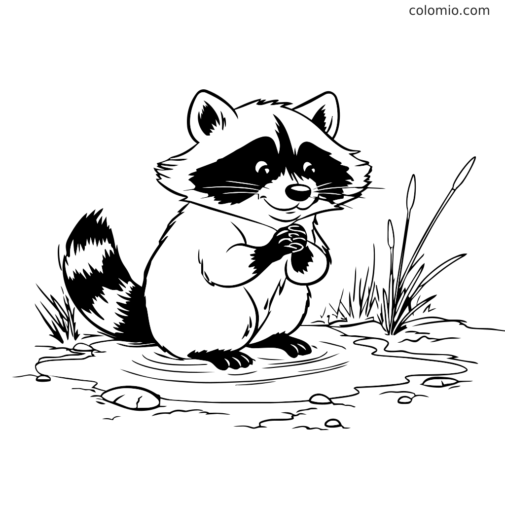 A cute raccoon standing by a small pond, ready to play. Perfect for kids' coloring activities.