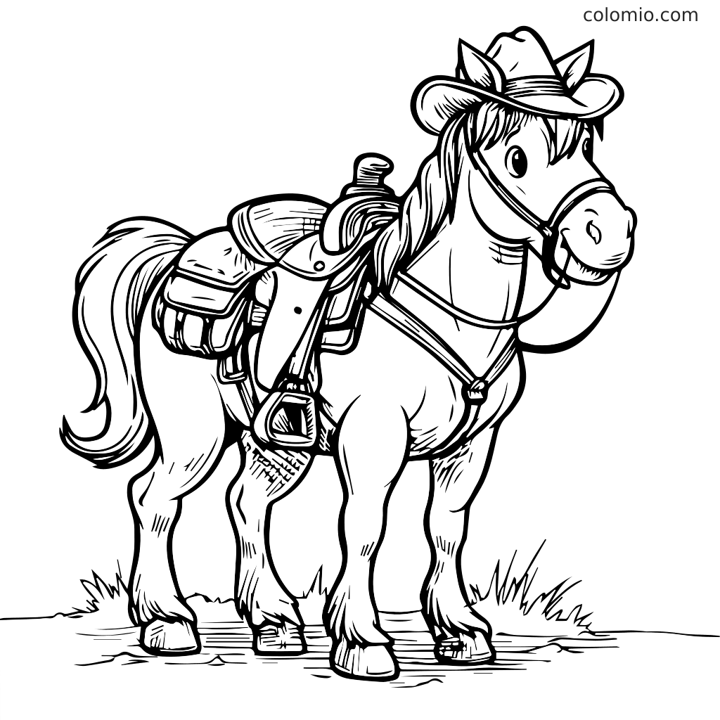 A line drawing of a cute horse wearing a cowboy hat and saddle, ready for coloring.