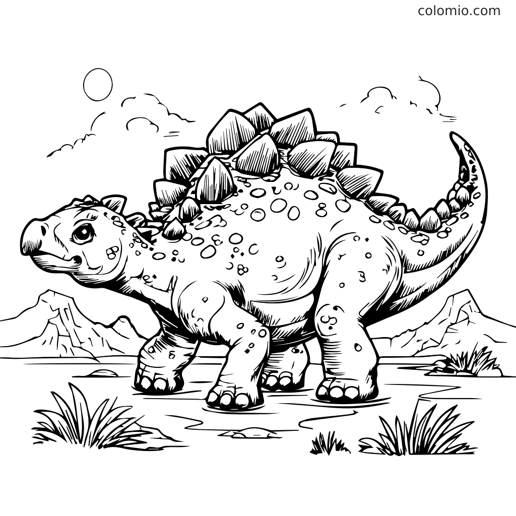 En detaljerad färgläggningssida med en stegosaurus-dinosaurie i ett klippigt landskap med berg och gräs.