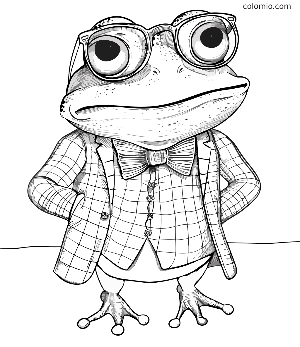 A cartoon frog wearing glasses and a bow tie, dressed in a checkered suit, ready for coloring.