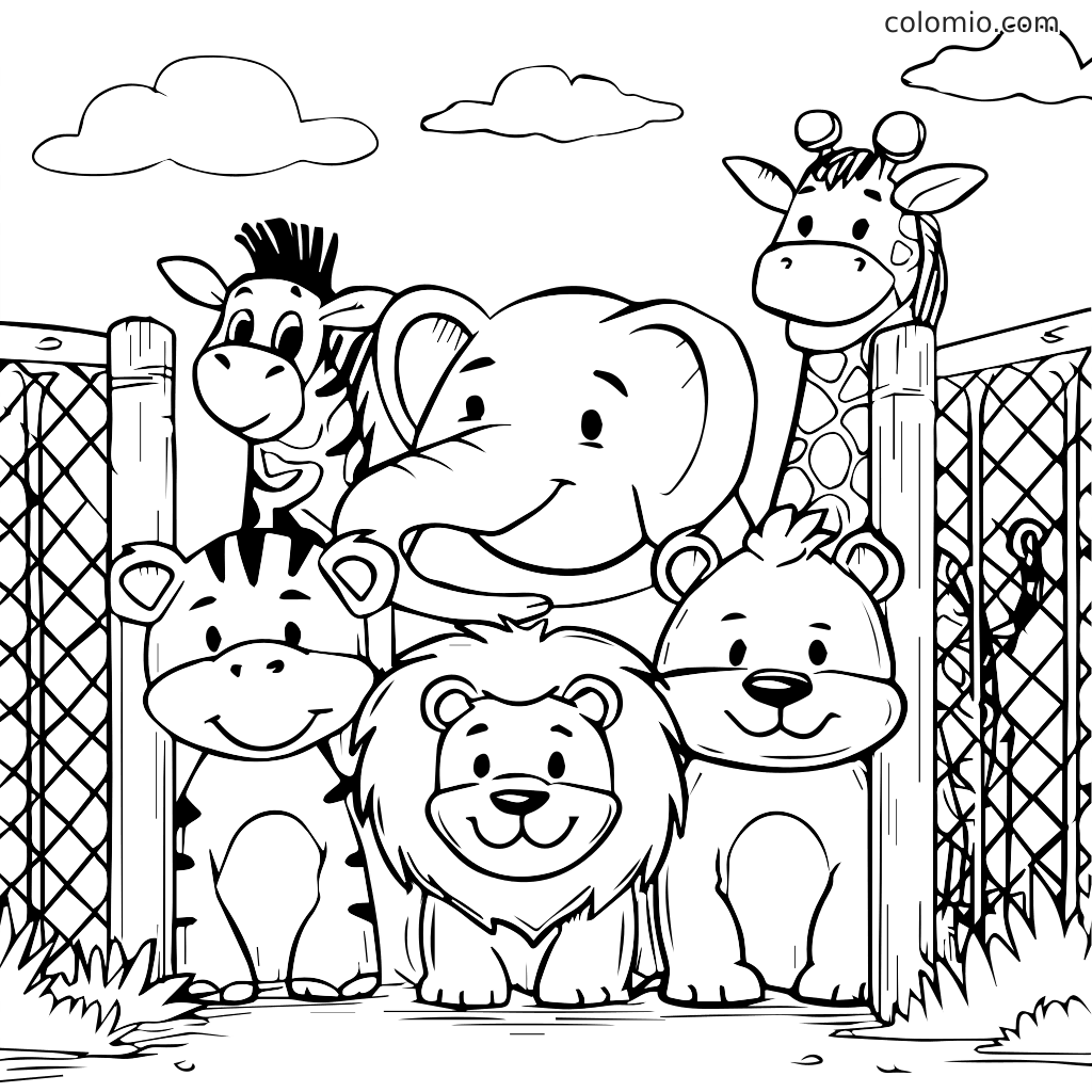 Une page de coloriage présentant un groupe d'animaux amicaux, y compris un zèbre, un éléphant, un lion et une girafe derrière une clôture.