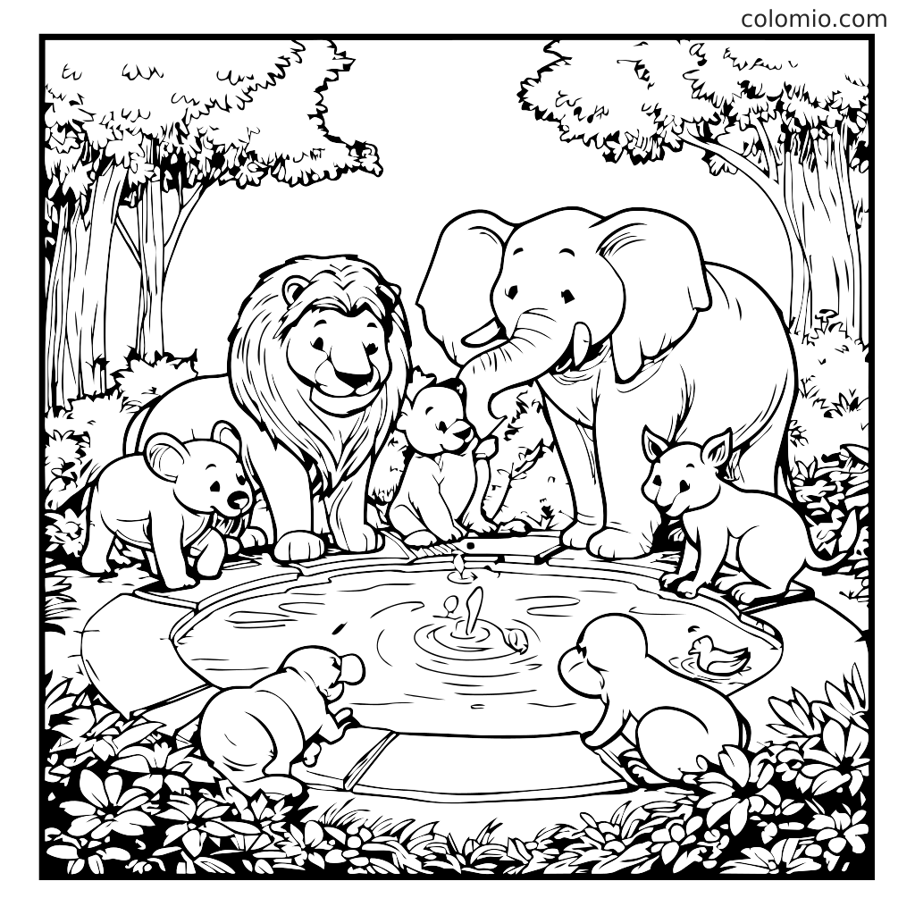En række dyr, herunder en løve, en elefant og en bjørn, samlet omkring en dam, perfekt til farvelægning.