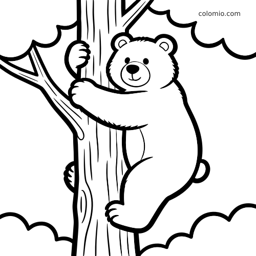 Un orso in stile cartone animato abbraccia il tronco di un albero alto, con nuvole tonde sullo sfondo e un muso sorridente.