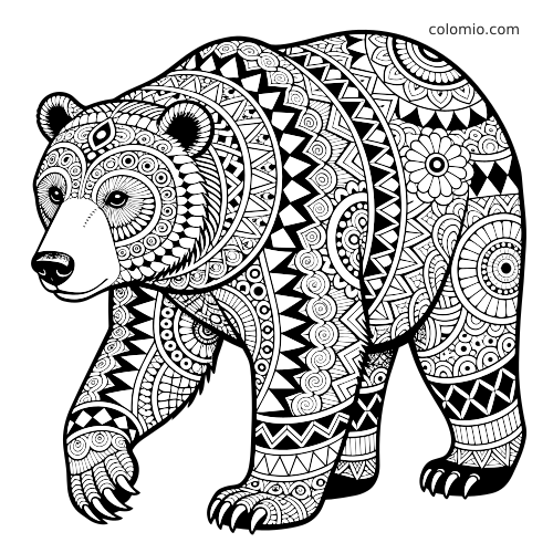 Illustrazione in bianco e nero di un orso di profilo, riempito con complessi motivi zentangle geometrici e floreali.