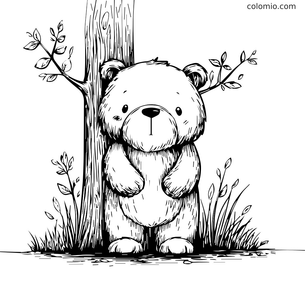 A cute bear standing behind a tree with leaves and grass, ready to be colored.