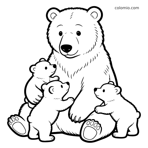 Una mamma orsa in stile cartone animato è seduta con tre cuccioli raccolti intorno a lei in un semplice disegno in bianco e nero.