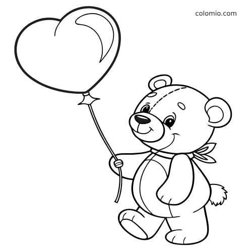 Un orsacchiotto con un fazzoletto al collo tiene un grande palloncino a forma di cuore, in semplice stile cartoon a contorni.