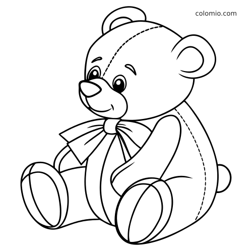 Un orsacchiotto seduto con un grande fiocco al collo, disegnato con contorni semplici in stile cartone animato.