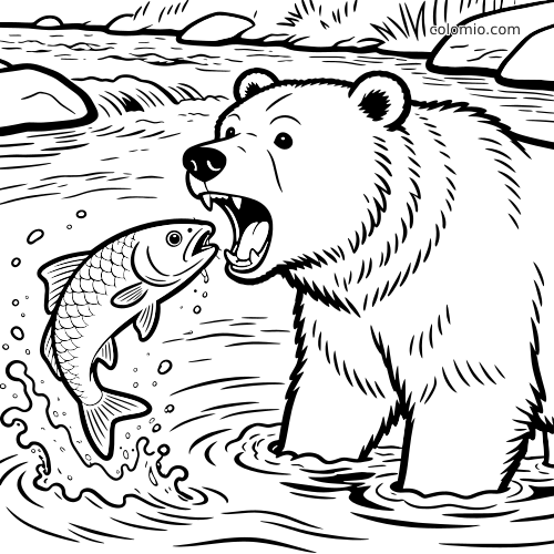 Um urso-pardo em um riacho, de boca aberta, enquanto um salmão salta na água entre respingos e pedras.