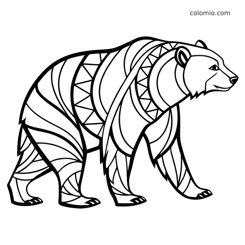 Orso in bianco e nero visto di lato mentre cammina, con ampie sezioni decorative zentangle a linee curve e geometriche.