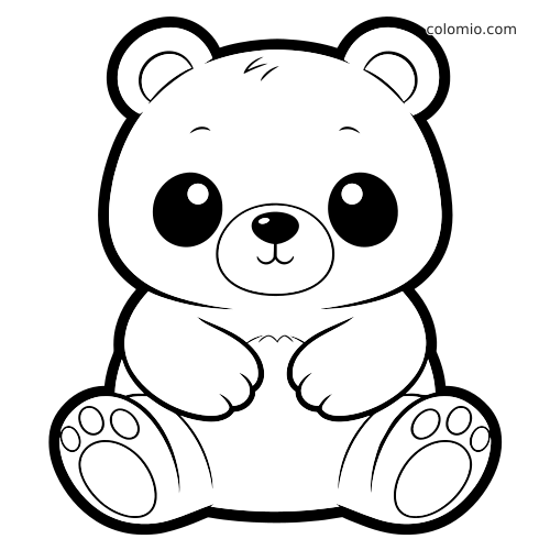 Un orsetto kawaii in stile chibi è seduto frontale, con grandi occhi rotondi, zampette piccole e cuscinetti visibili.