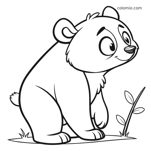 A cute kawaii bear sits in side view beside a small leafy plant, drawn with simple bold outlines for coloring.