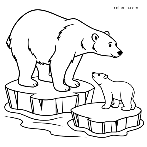 Illustrazione in bianco e nero di un orso polare e del suo cucciolo su due banchi di ghiaccio separati nell’acqua.