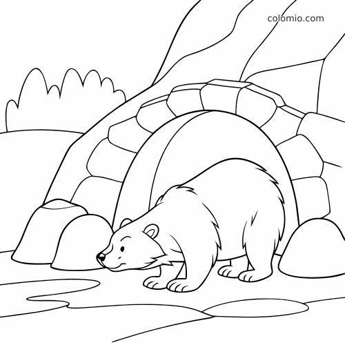 Un orso in stile cartone animato è davanti all'ingresso di una tana di pietra, con montagne e rocce sullo sfondo.