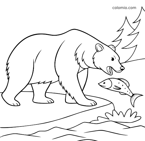 Semplice disegno al tratto di un orso grizzly sulla riva di un fiume che allunga la zampa verso un salmone, con pini sullo sfondo.