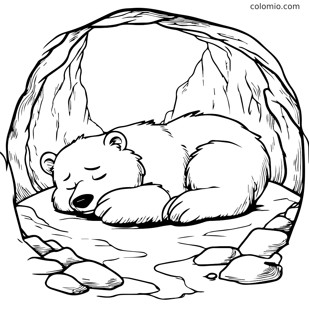 Een schattige slapende beer in een grot, omringd door stenen, perfect om in te kleuren.