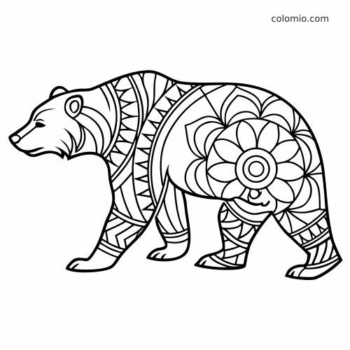Orso in bianco e nero visto di profilo, decorato con motivi zentangle floreali e geometrici da colorare.