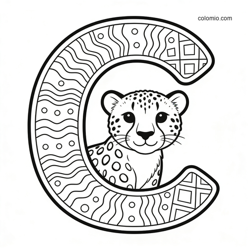 A large patterned letter C frames a cute smiling cheetah cub face and shoulders in a simple black-and-white outline.