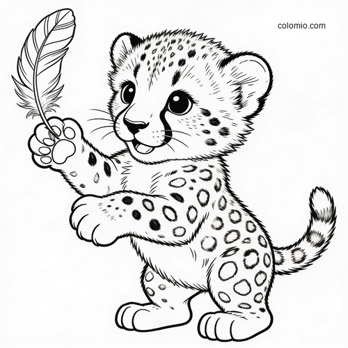 A cute cartoon cheetah cub stands upright and plays with a large feather, shown in simple black and white line art.