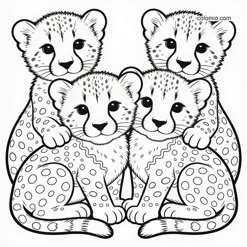 Four cute cheetah cubs sitting closely together in a simple black-and-white line art illustration.