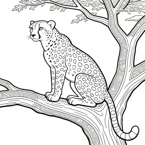 A detailed black-and-white cheetah sits on a thick tree branch, with patterned bark and leafy branches around it.
