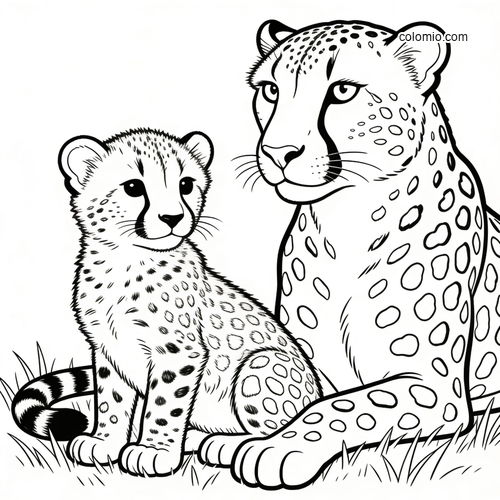 Black-and-white line art of a cute cheetah mother sitting beside her cub on grass, with clear spots and gentle faces.