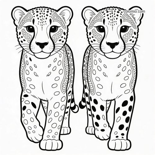 Two cute cheetah brothers walking side by side in a simple black and white line art style with decorative facial details.
