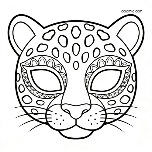 Black-and-white printable cheetah mask with spots, rounded ears, whiskers, and decorative eye details for coloring and cutting.