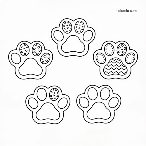 Five cheetah paw prints arranged as a counting worksheet, with different numbers of spotted toes and one patterned paw pad.