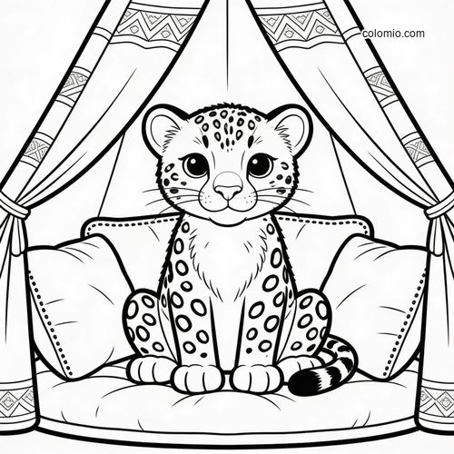 A cute baby cheetah sits on a cushioned seat inside a cozy tent with pillows and patterned curtains in clean line art.