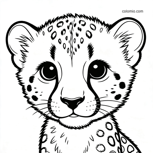 Black-and-white close-up portrait of a cute baby cheetah with big eyes, rounded ears, and spotted fur.