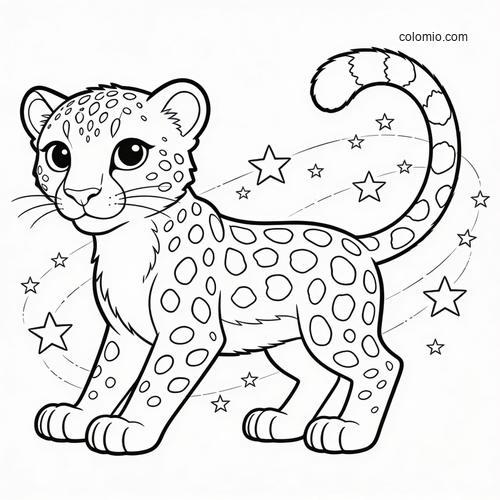 A cute cartoon cheetah with large eyes, spots, and a curled tail, surrounded by stars in a simple cosmic scene.