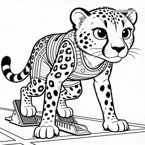 A cute cartoon cheetah in a running outfit crouches at starting blocks on a track, drawn in bold black outlines.