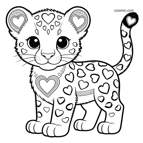 A cute cartoon cheetah cub standing forward, decorated with heart-shaped spots and heart details on its ears and chest.