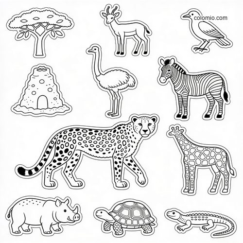Black-and-white hidden objects savanna scene with a cheetah, zebra, giraffe, rhino, tortoise, bird, ostrich, antelope, tree, and mound.